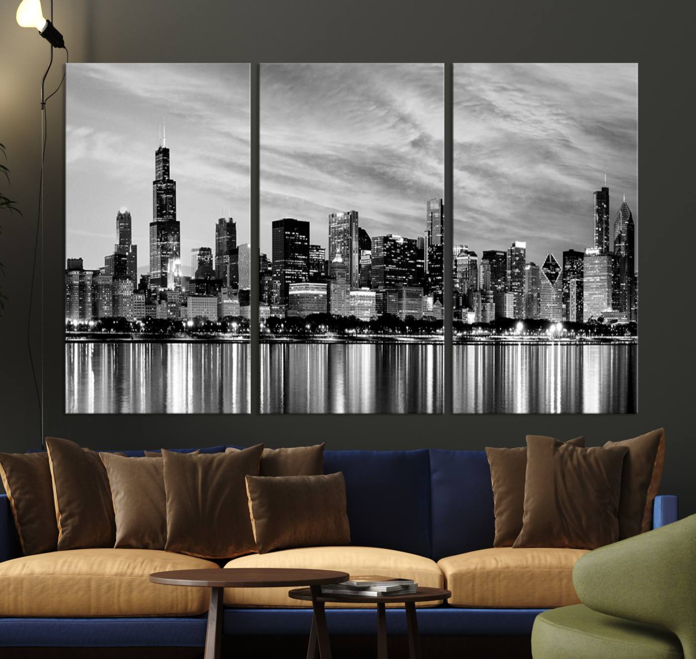 36818-MGV-CV-36X24-Chicago City Cloudy Skyline Black and White Wall Art Cityscape, Chicago Wall Art Canvas Print