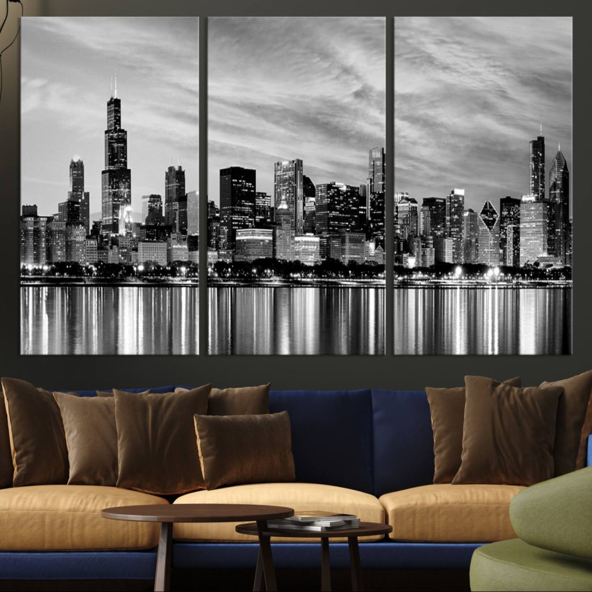 36818-MGV-CV-36X24-Chicago City Cloudy Skyline Black and White Wall Art Cityscape, Chicago Wall Art Canvas Print