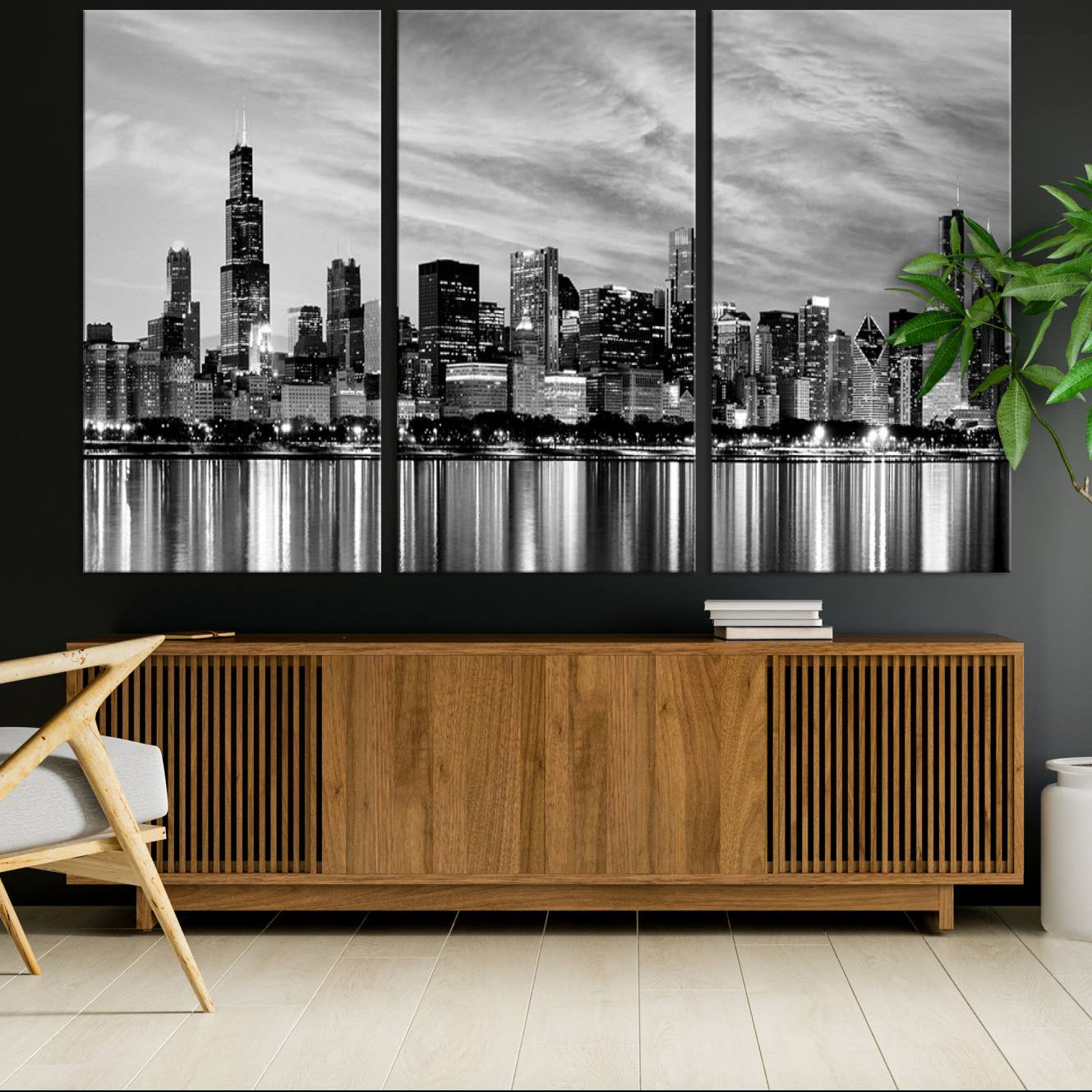 -Chicago City Cloudy Skyline Black and White Wall Art Cityscape, Chicago Wall Art Canvas Print