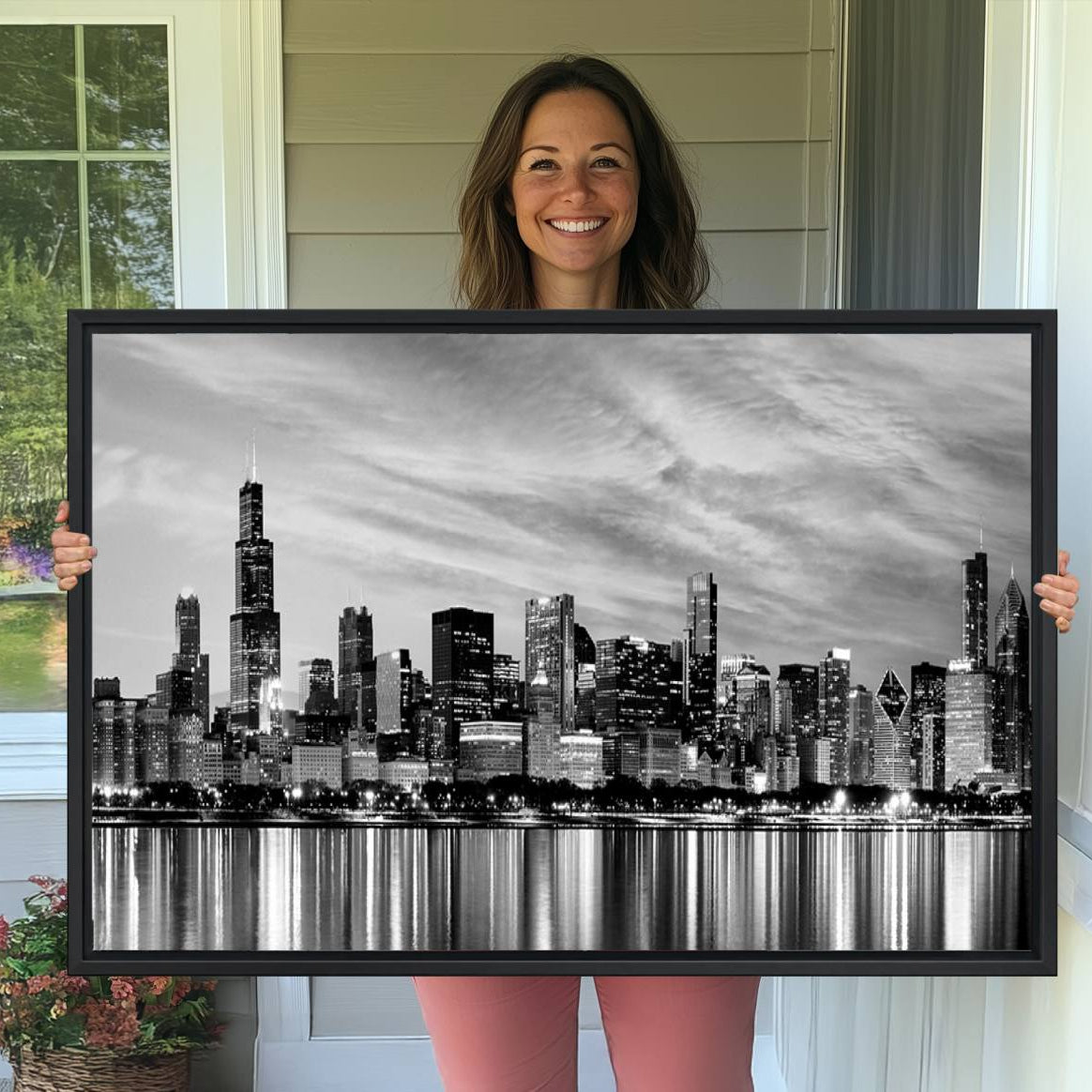-Chicago City Cloudy Skyline Black and White Wall Art Cityscape, Chicago Wall Art Canvas Print