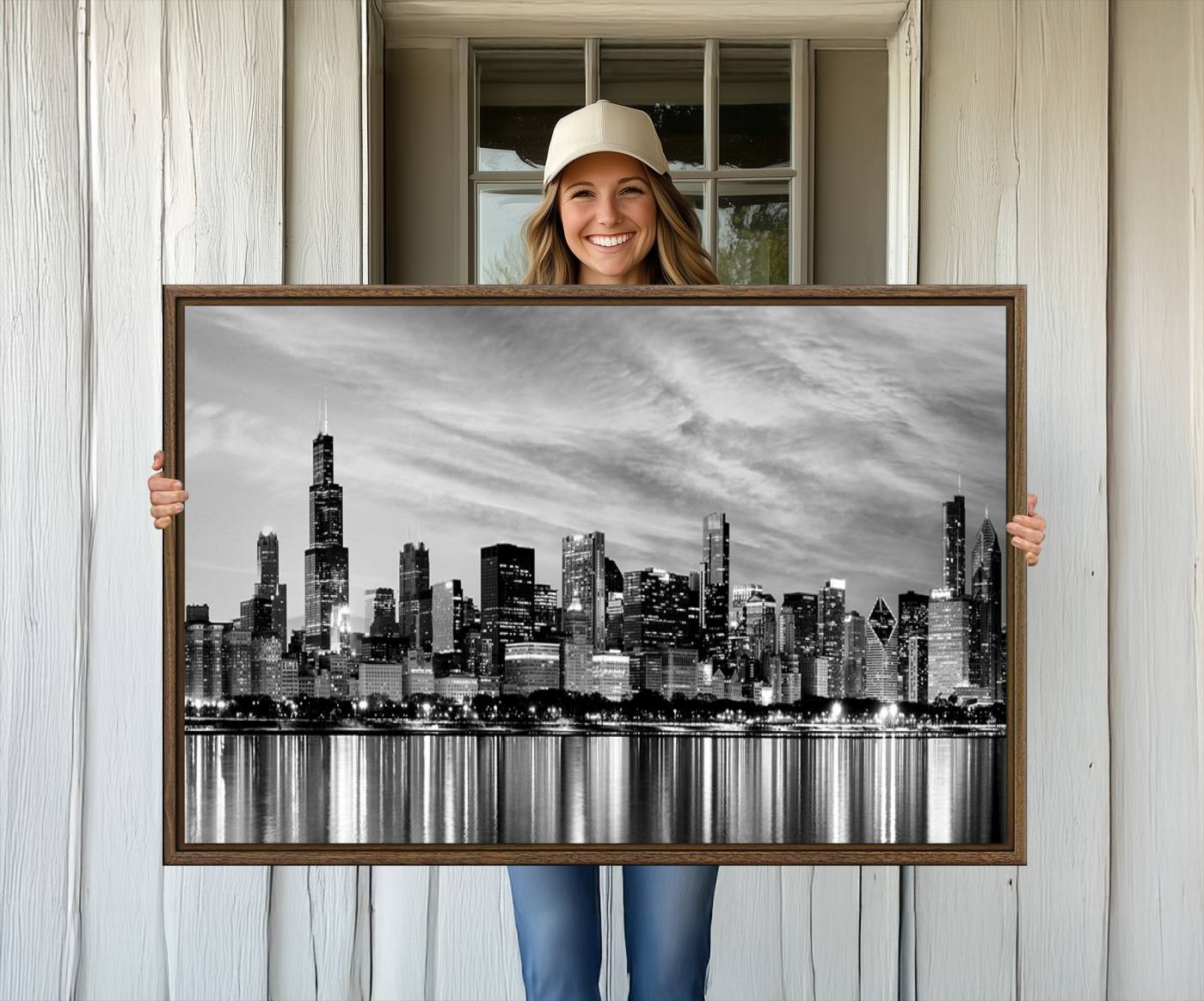 36818-MGV-CV-36X24-Chicago City Cloudy Skyline Black and White Wall Art Cityscape, Chicago Wall Art Canvas Print