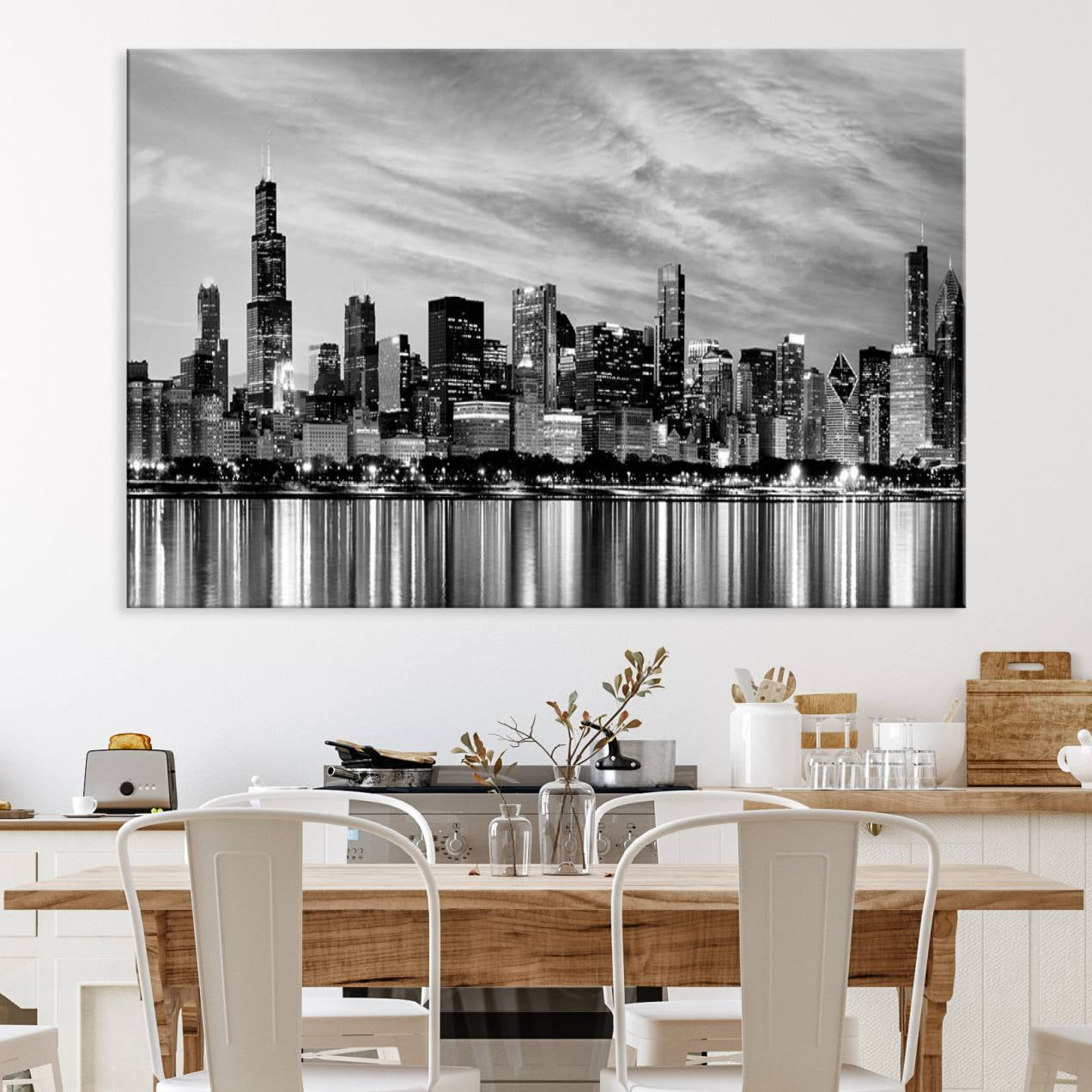 36818-MGV-CV-36X24-Chicago City Cloudy Skyline Black and White Wall Art Cityscape, Chicago Wall Art Canvas Print
