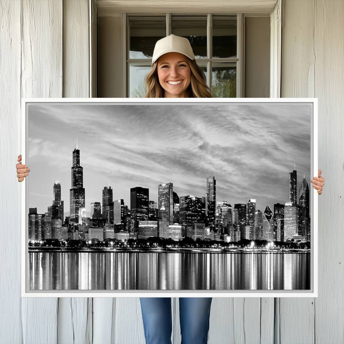 -Chicago City Cloudy Skyline Black and White Wall Art Cityscape, Chicago Wall Art Canvas Print