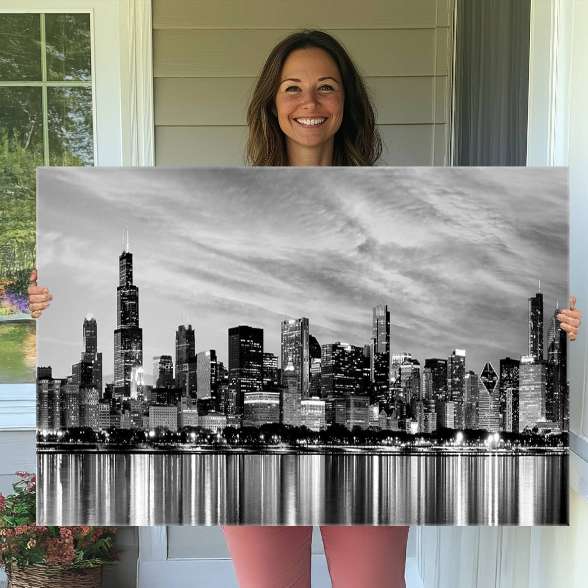 -Chicago City Cloudy Skyline Black and White Wall Art Cityscape, Chicago Wall Art Canvas Print