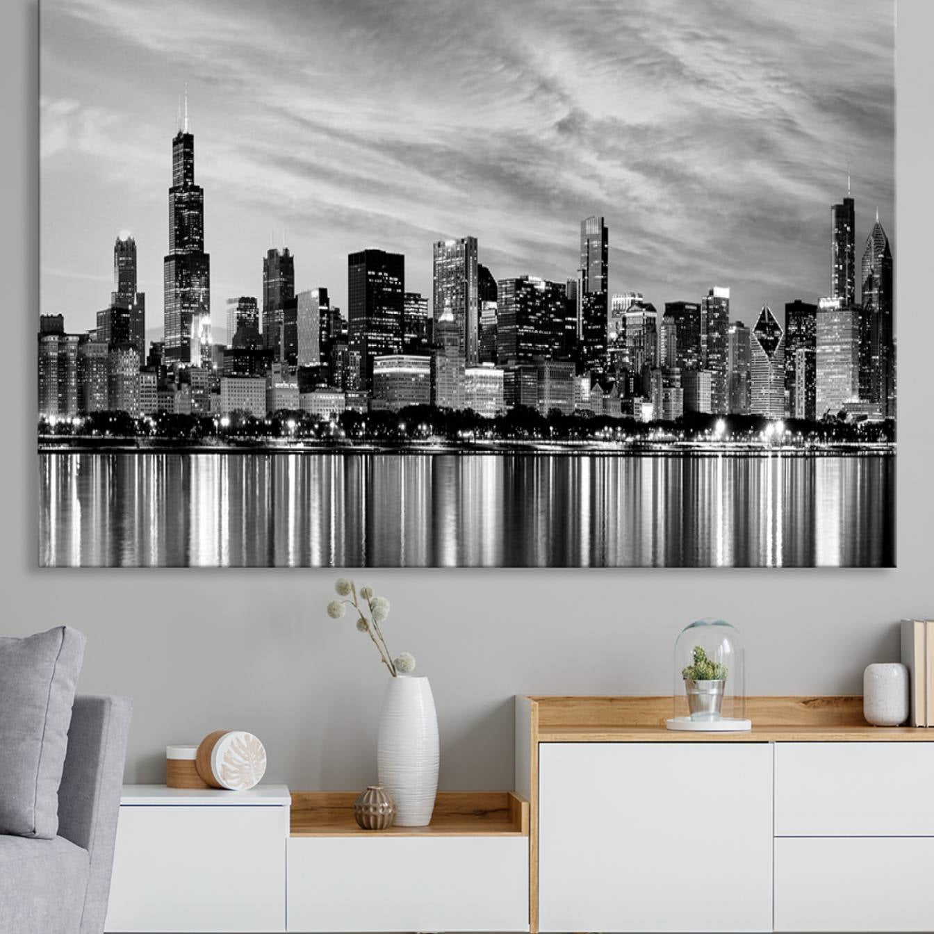 -Chicago City Cloudy Skyline Black and White Wall Art Cityscape, Chicago Wall Art Canvas Print