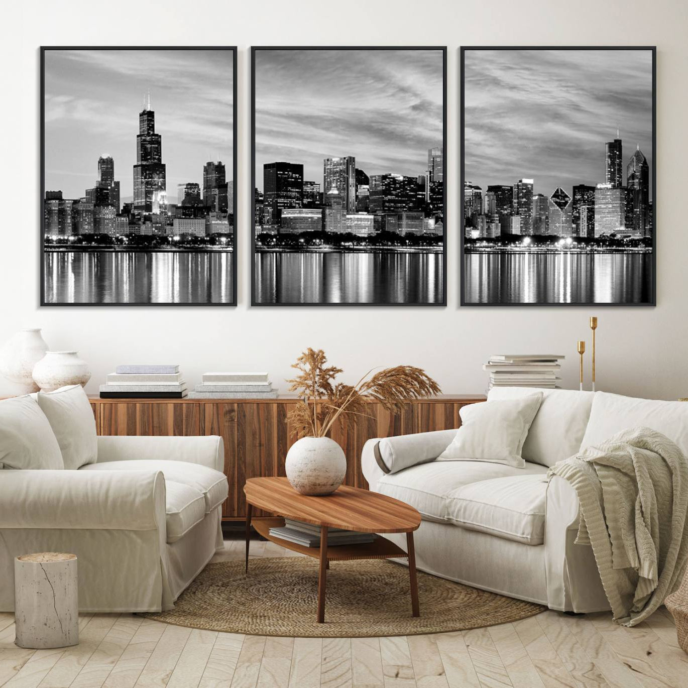36818-MGV-FC-60X30-3P_Black-Chicago City Cloudy Skyline Black and White Wall Art Cityscape, Chicago Wall Art Canvas Print