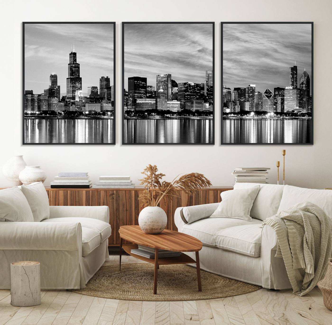 36818-MGV-FC-60X30-3P_Black-Chicago City Cloudy Skyline Black and White Wall Art Cityscape, Chicago Wall Art Canvas Print