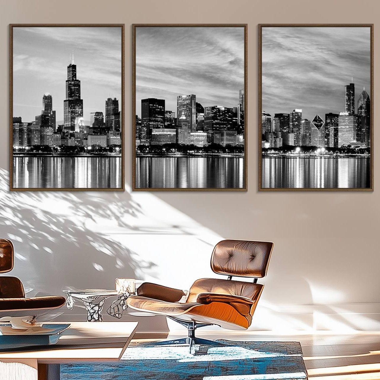 36818-MGV-FC-60X30-3P_Walnut-Chicago City Cloudy Skyline Black and White Wall Art Cityscape, Chicago Wall Art Canvas Print