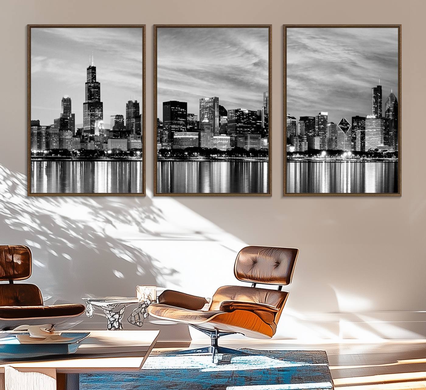 36818-MGV-FC-60X30-3P_Walnut-Chicago City Cloudy Skyline Black and White Wall Art Cityscape, Chicago Wall Art Canvas Print