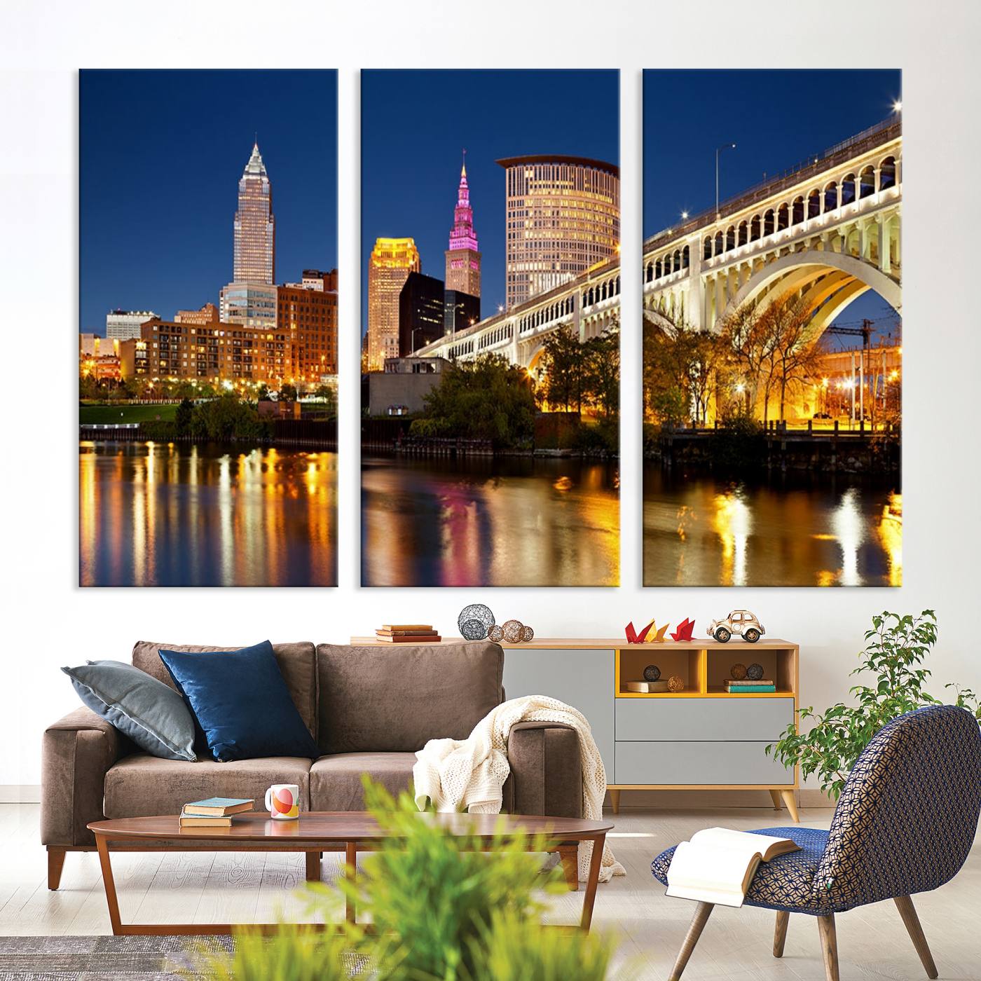 19443-MGV-CV-36X24-Cleveland City Lights Night Skyline Cityscape View Wall Art Canvas Print