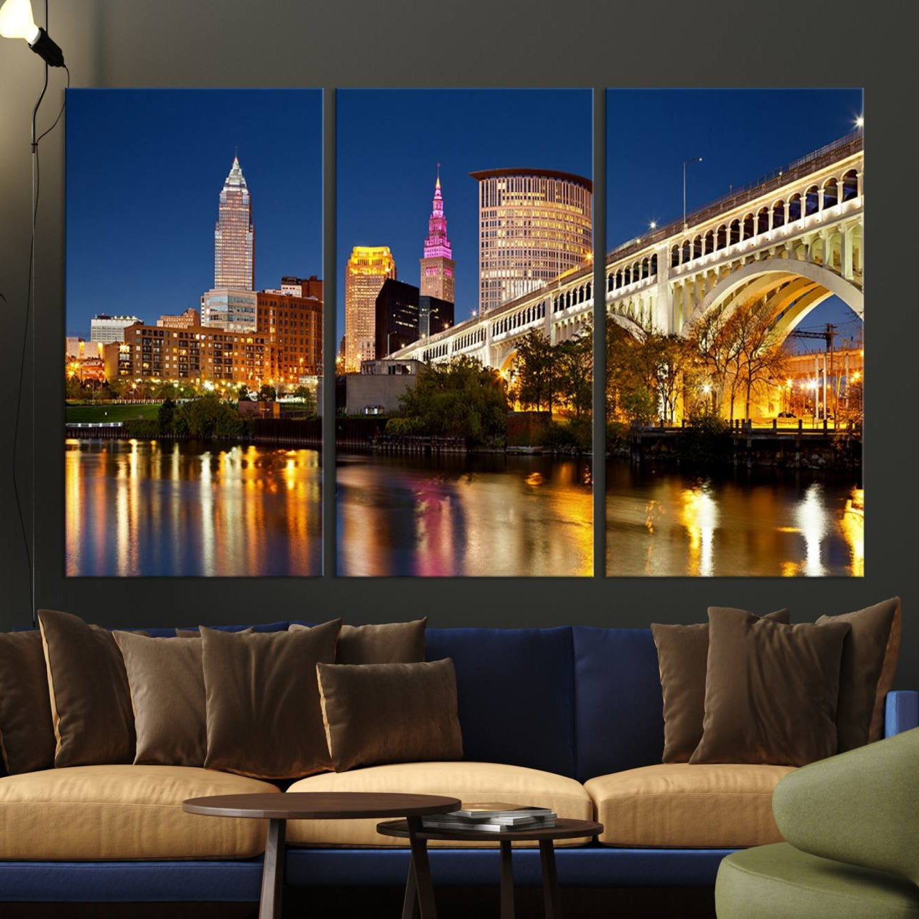19443-MGV-CV-36X24-Cleveland City Lights Night Skyline Cityscape View Wall Art Canvas Print