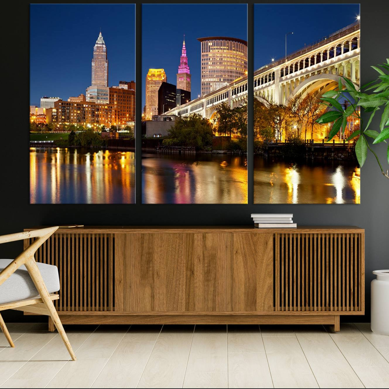 19443-MGV-CV-36X24-Cleveland City Lights Night Skyline Cityscape View Wall Art Canvas Print