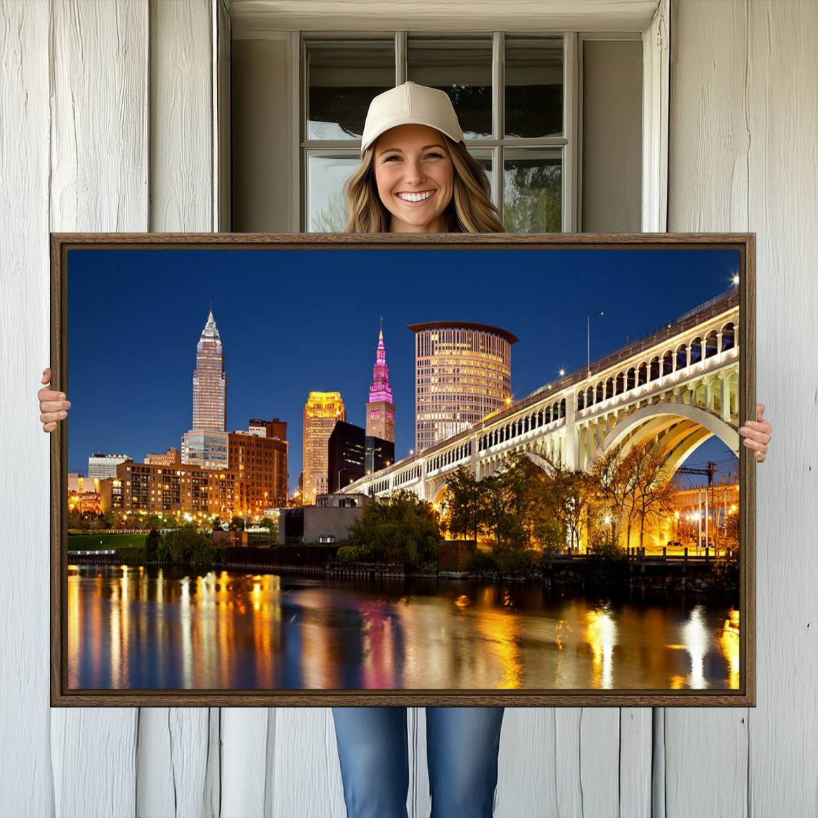 19443-MGV-CV-36X24-Cleveland City Lights Night Skyline Cityscape View Wall Art Canvas Print