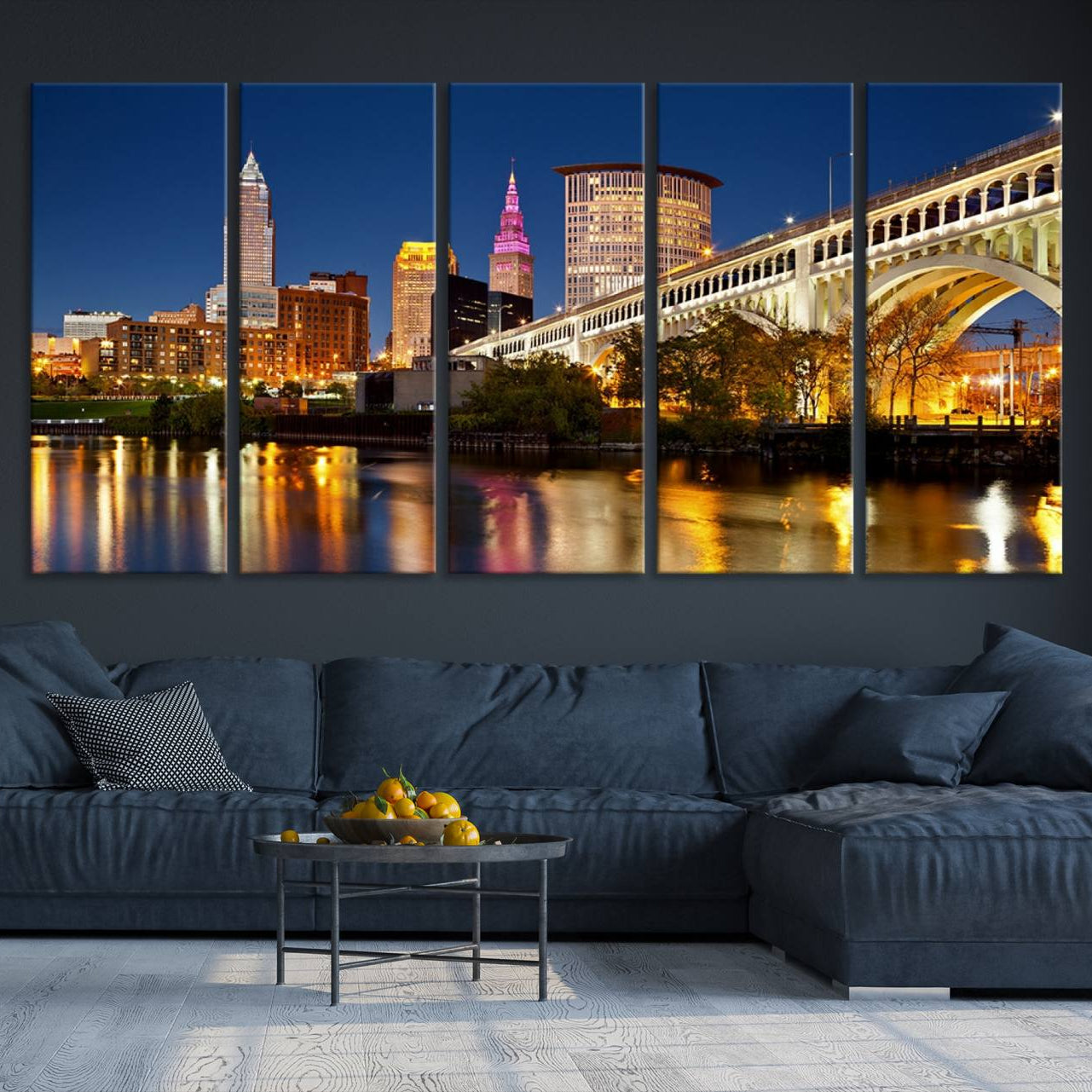 -Cleveland City Lights Night Skyline Cityscape View Wall Art Canvas Print