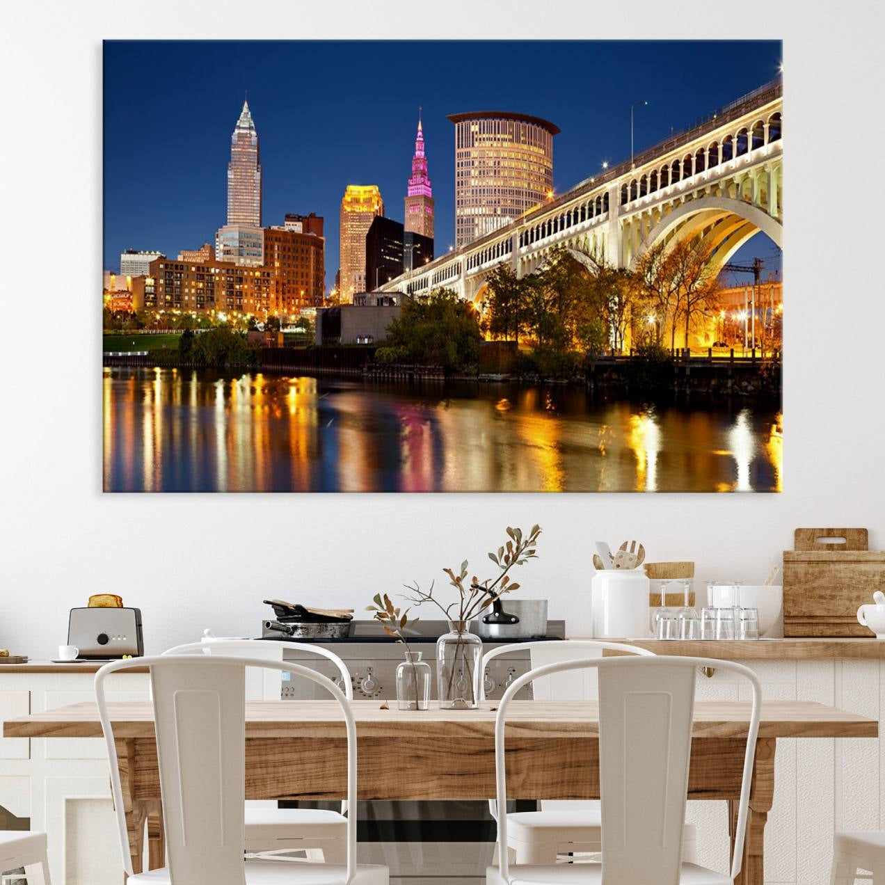 19443-MGV-CV-36X24-Cleveland City Lights Night Skyline Cityscape View Wall Art Canvas Print