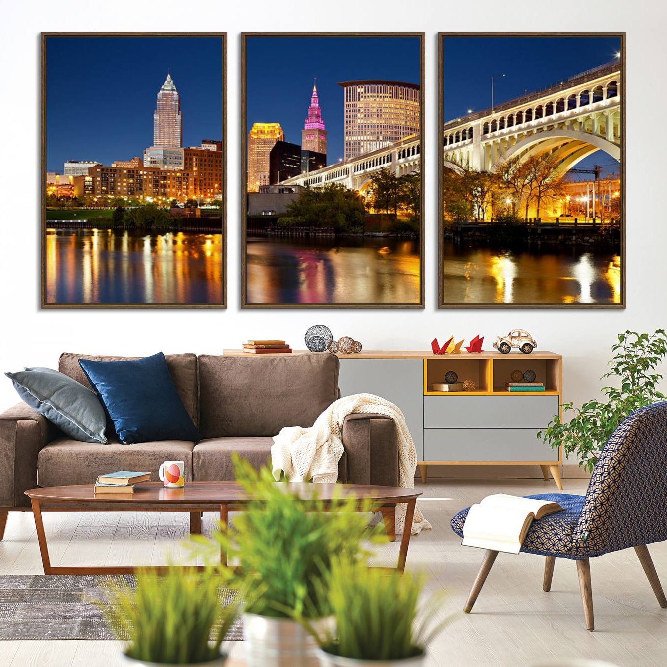 -Cleveland City Lights Night Skyline Cityscape View Wall Art Canvas Print