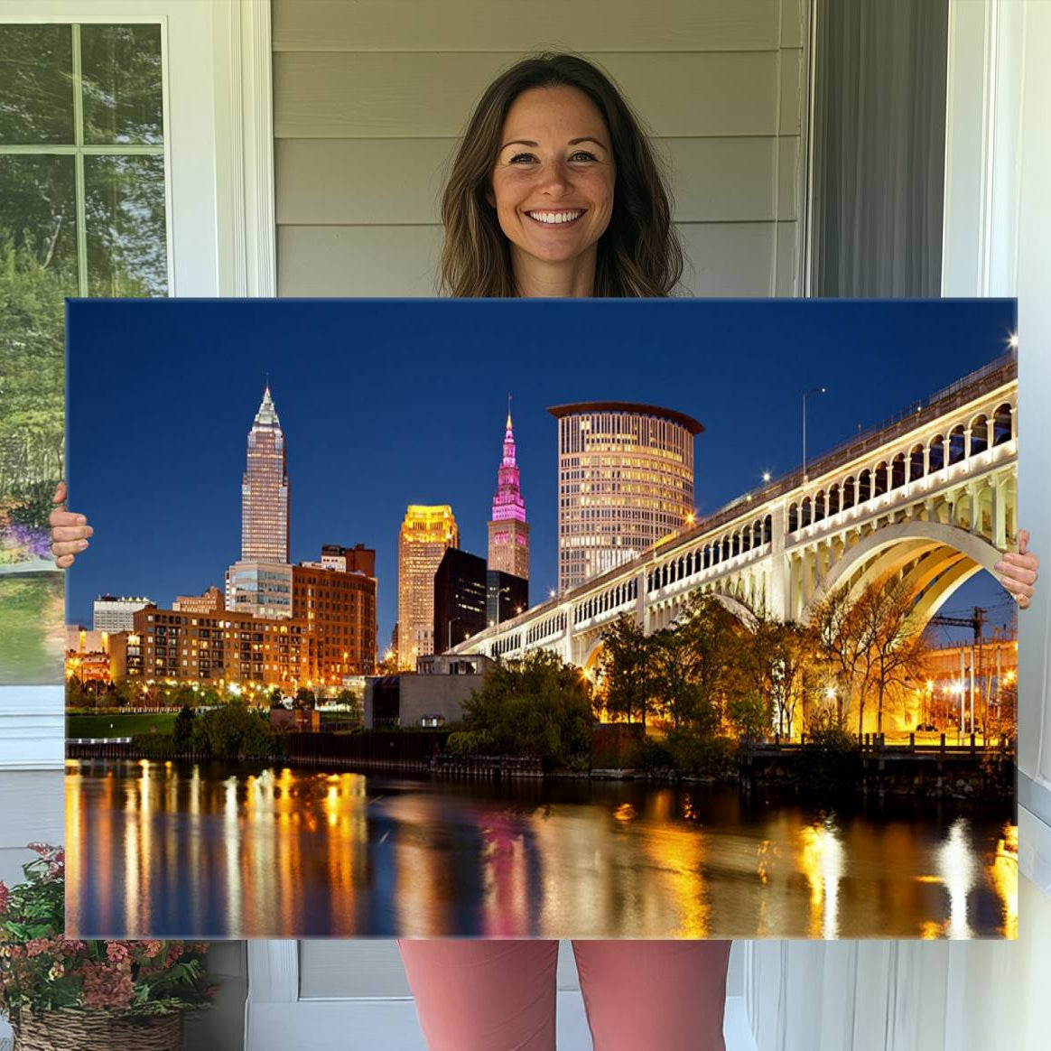 19443-MGV-CV-36X24-Cleveland City Lights Night Skyline Cityscape View Wall Art Canvas Print