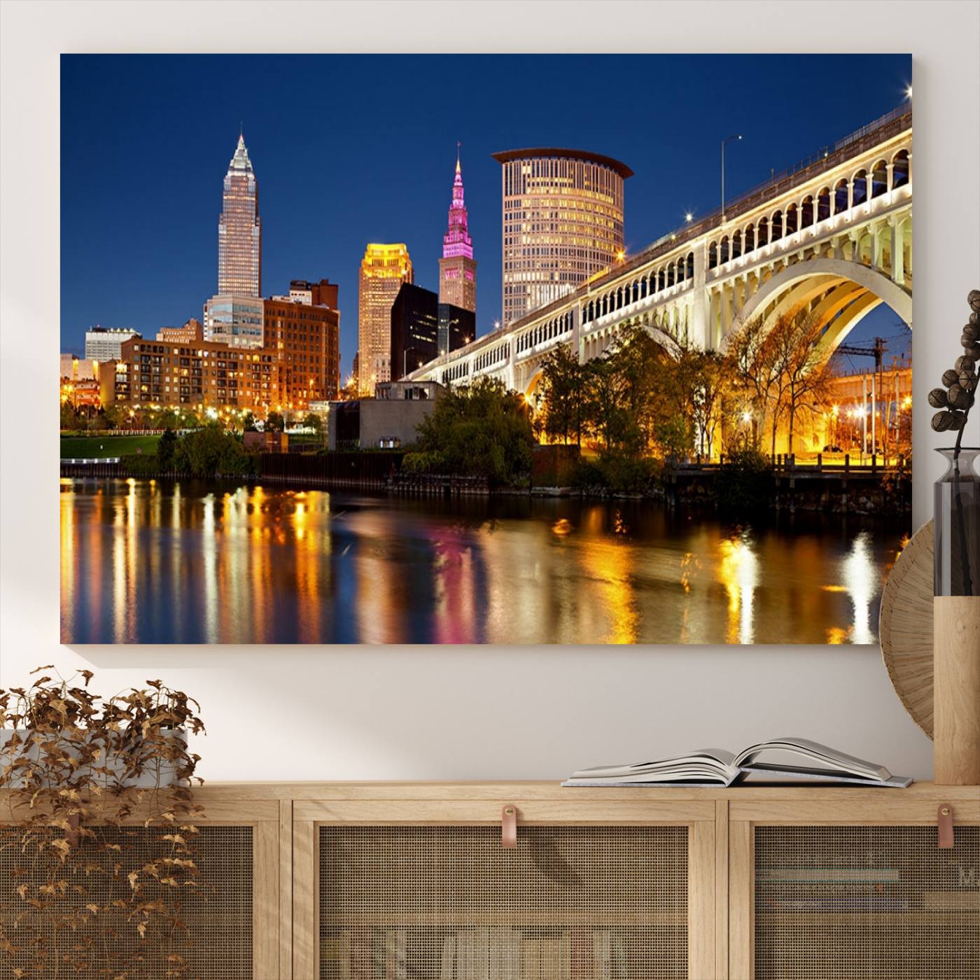 19443-MGV-CV-36X24-Cleveland City Lights Night Skyline Cityscape View Wall Art Canvas Print