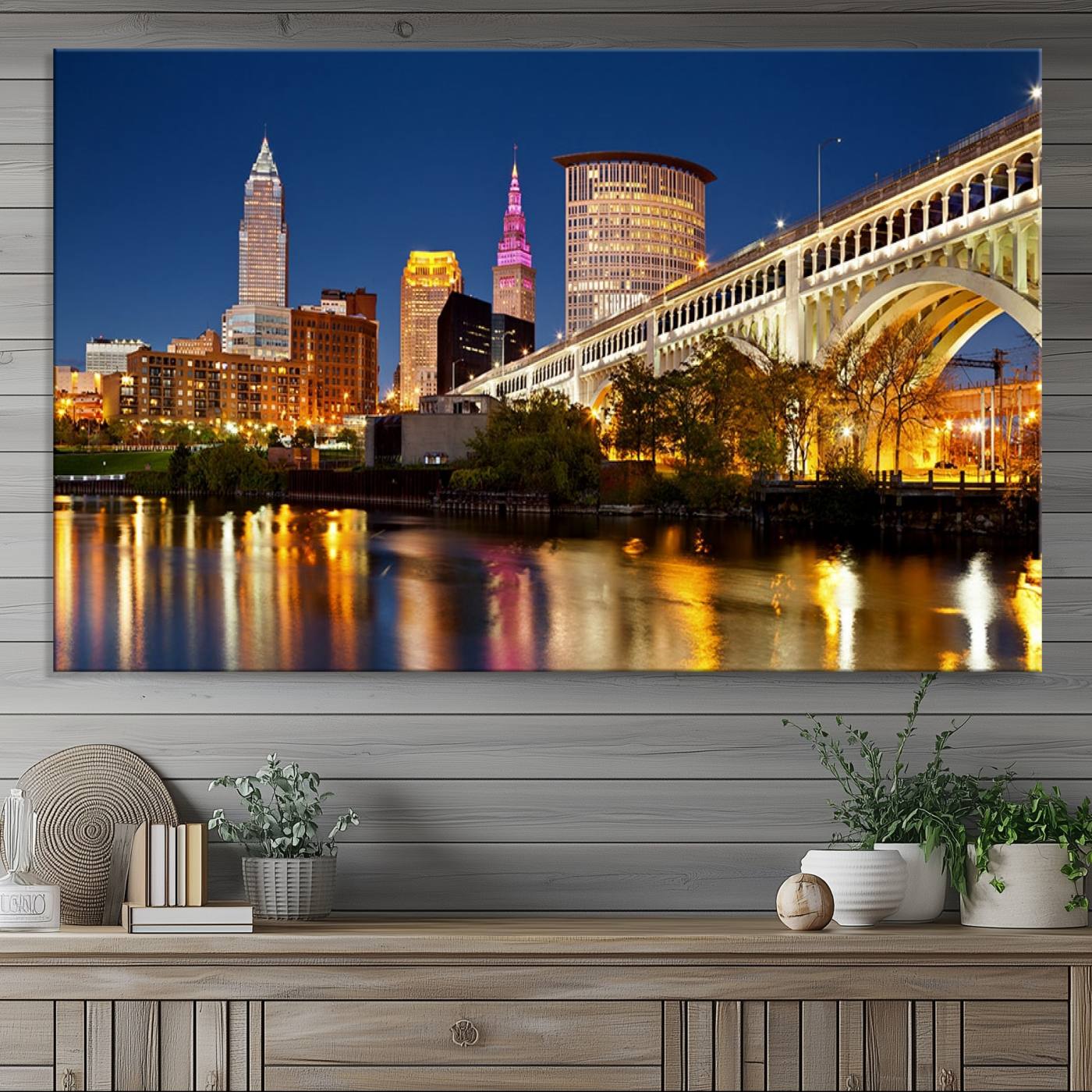 19443-MGV-CV-36X24-Cleveland City Lights Night Skyline Cityscape View Wall Art Canvas Print