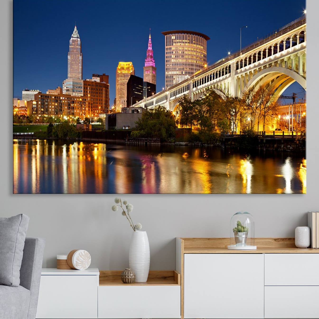 19443-MGV-CV-36X24-Cleveland City Lights Night Skyline Cityscape View Wall Art Canvas Print