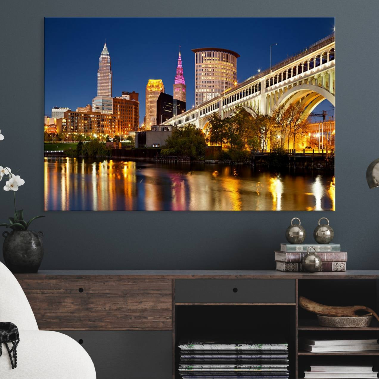 19443-MGV-CV-36X24-Cleveland City Lights Night Skyline Cityscape View Wall Art Canvas Print