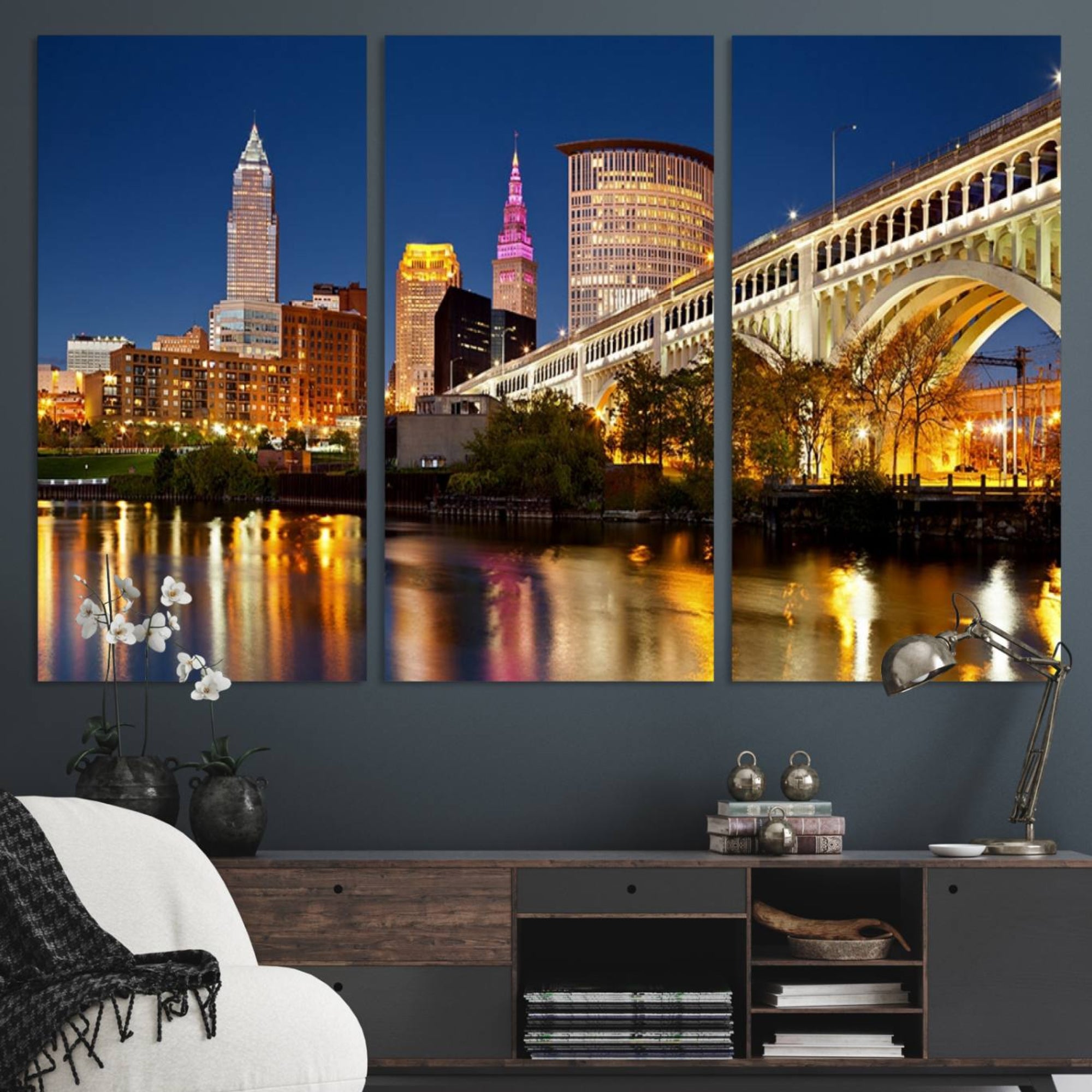 19443-MGV-CV-48X32-3P-Cleveland City Lights Night Skyline Cityscape View Wall Art Canvas Print