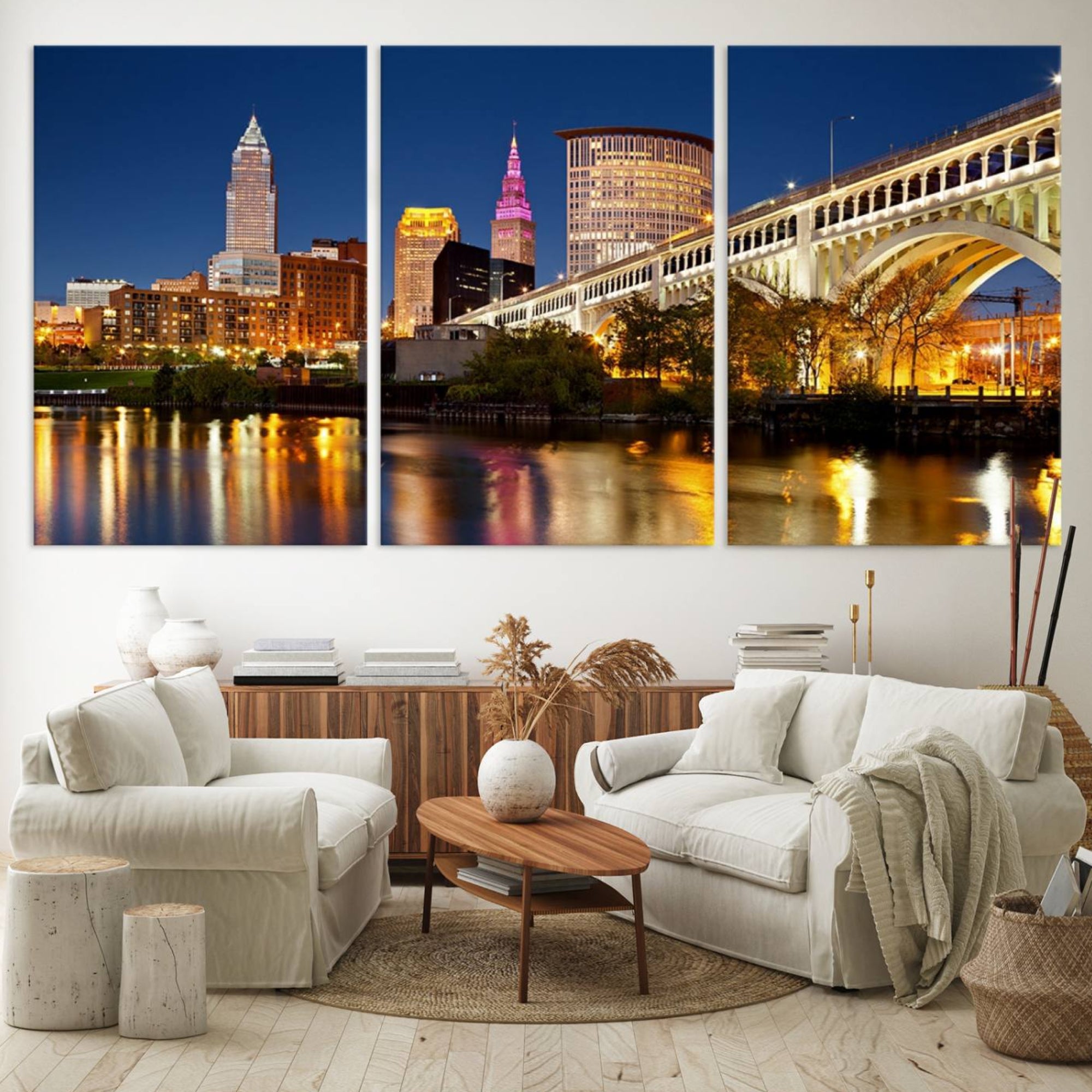 19443-MGV-CV-60X30-3P-Cleveland City Lights Night Skyline Cityscape View Wall Art Canvas Print