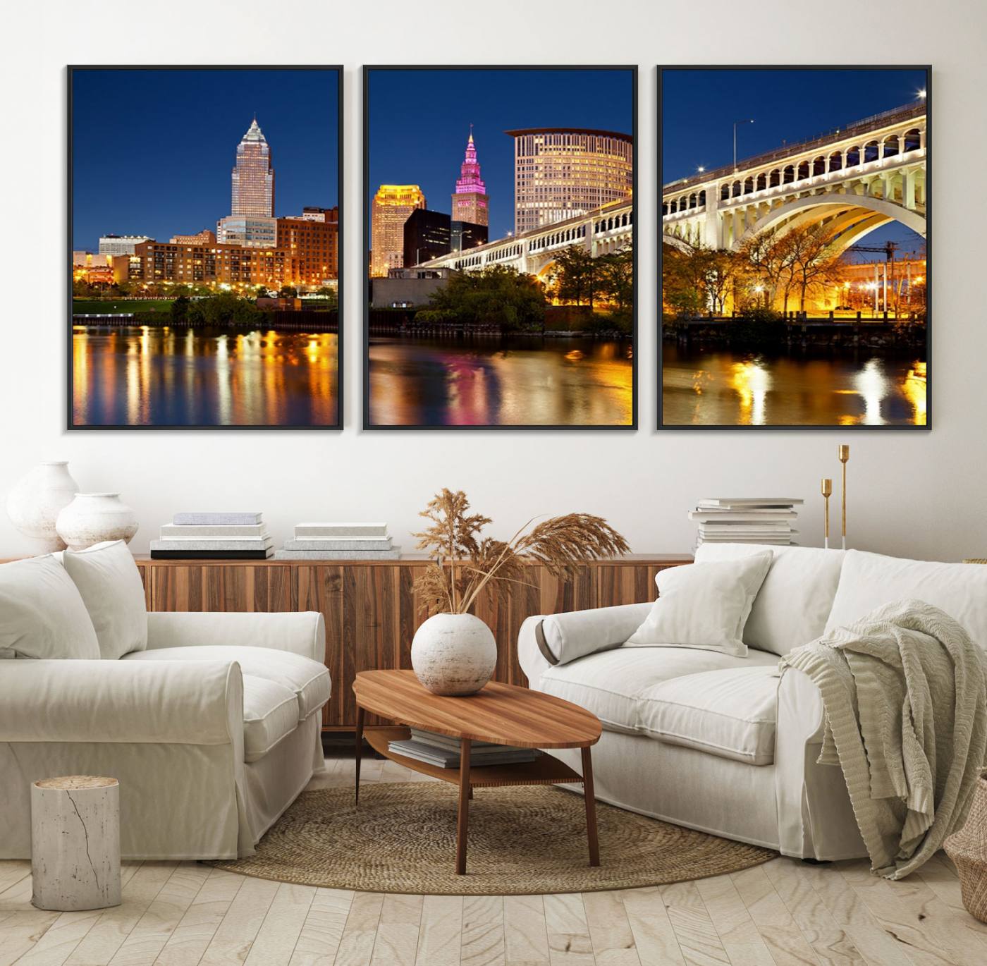 19443-MGV-FC-60X30-3P_Black-Cleveland City Lights Night Skyline Cityscape View Wall Art Canvas Print