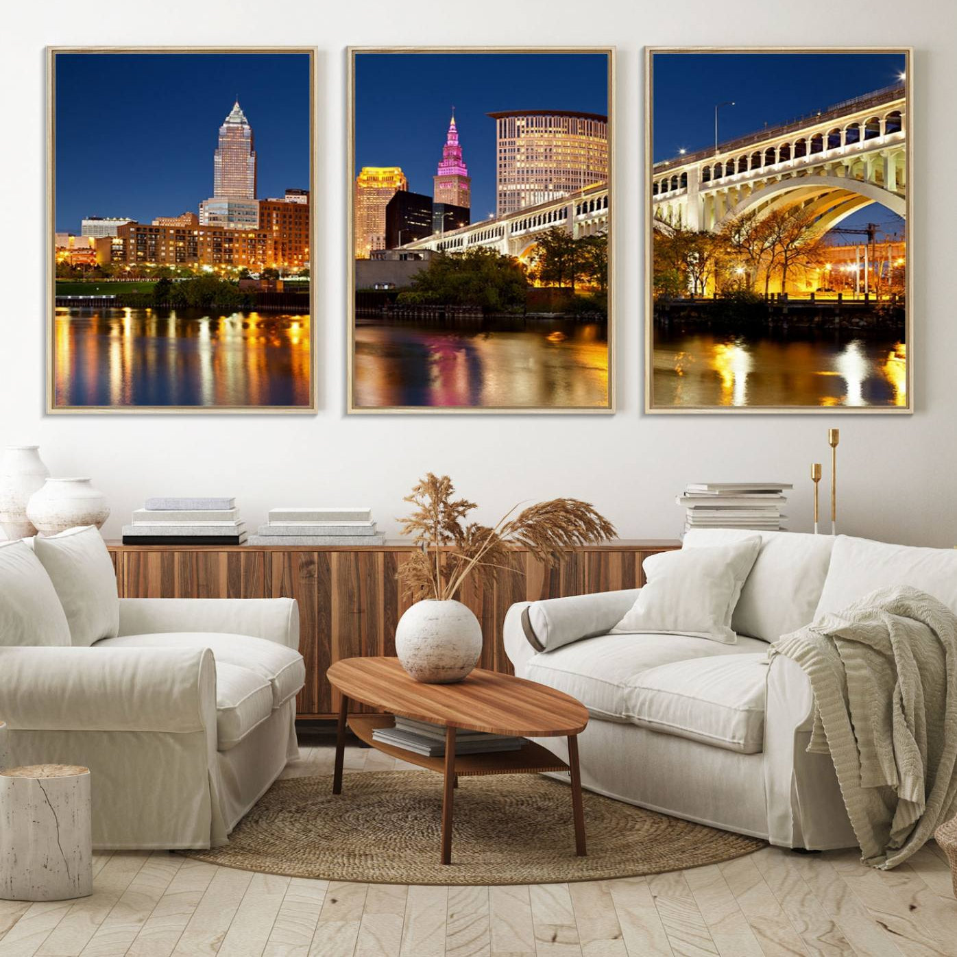 19443-MGV-FC-60X30-3P_Natural-Cleveland City Lights Night Skyline Cityscape View Wall Art Canvas Print