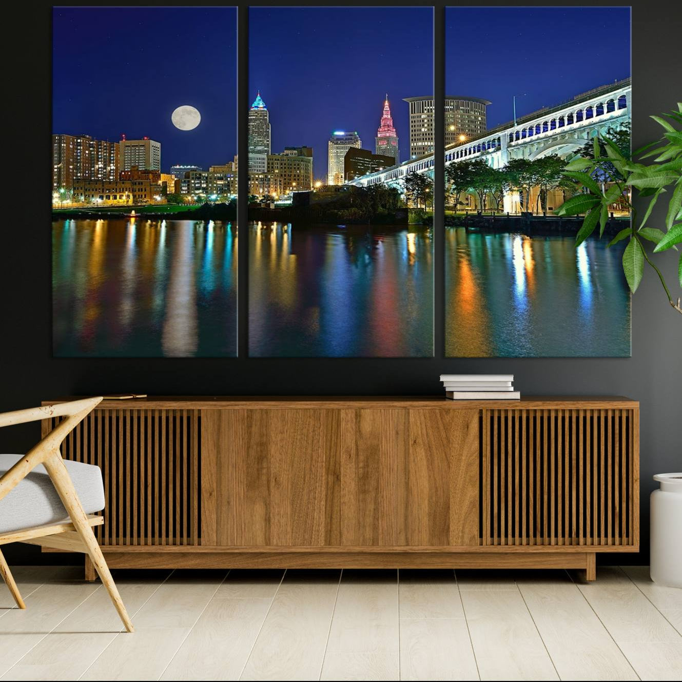-Cleveland City Lights Night Skyline Wall Art Cityscape Canvas, Cleveland City Lights Canvas Print