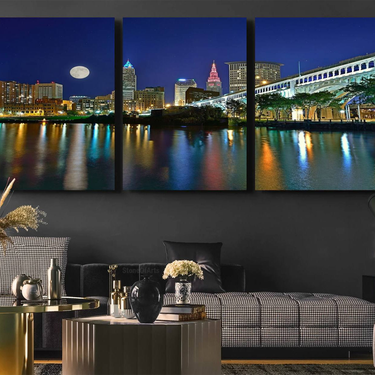 -Cleveland City Lights Night Skyline Wall Art Cityscape Canvas, Cleveland City Lights Canvas Print