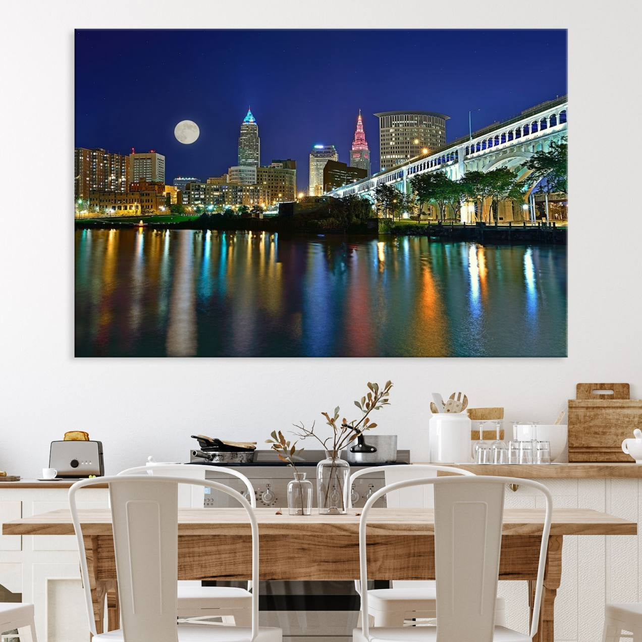 15130-MGV-CV-36X24-Cleveland City Lights Night Skyline Wall Art Cityscape Canvas, Cleveland City Lights Canvas Print