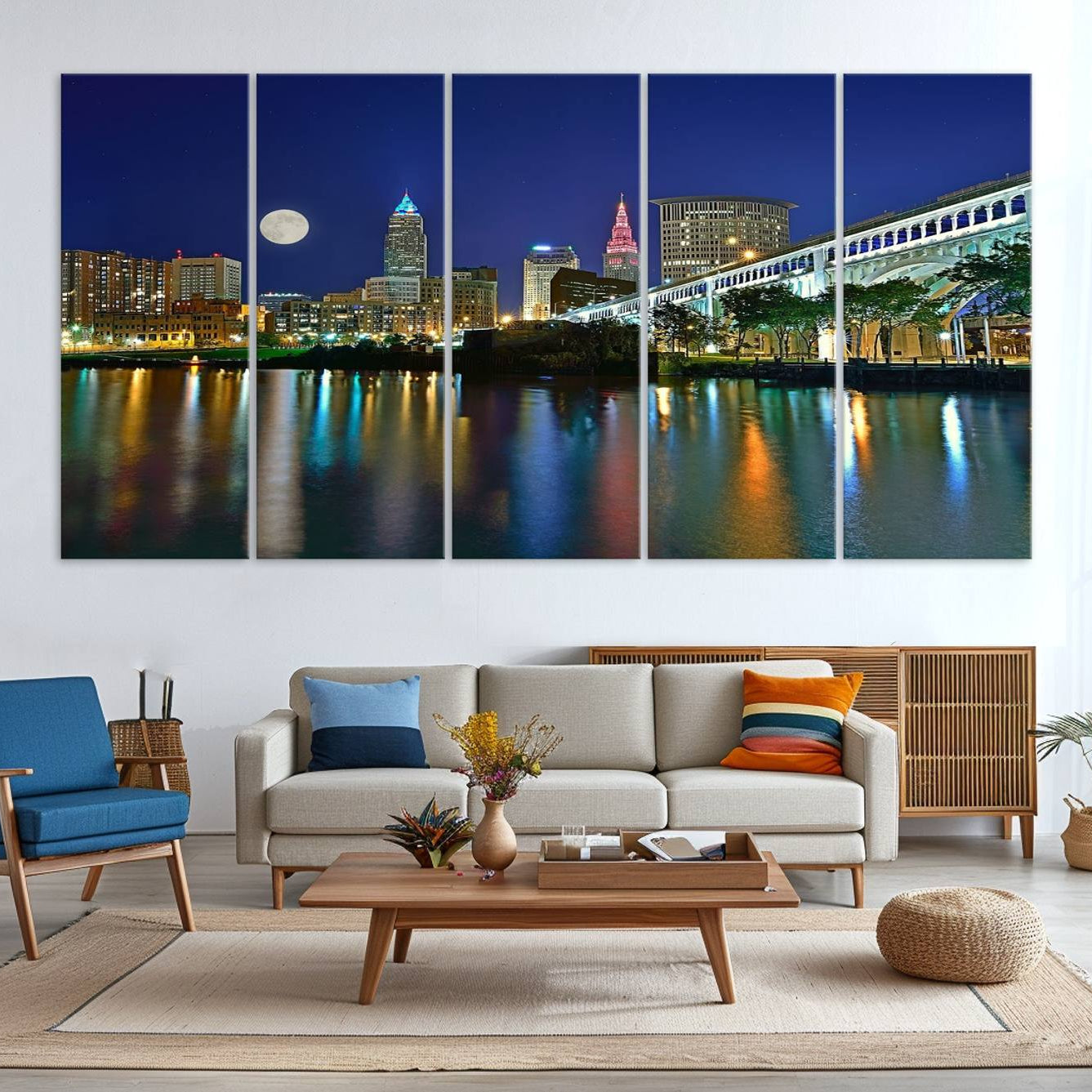 -Cleveland City Lights Night Skyline Wall Art Cityscape Canvas, Cleveland City Lights Canvas Print