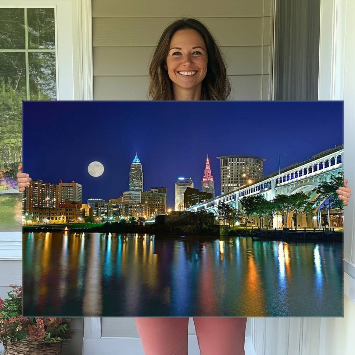 15130-MGV-CV-36X24-Cleveland City Lights Night Skyline Wall Art Cityscape Canvas, Cleveland City Lights Canvas Print