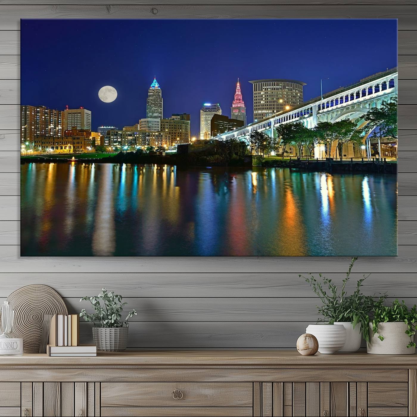 15130-MGV-CV-36X24-Cleveland City Lights Night Skyline Wall Art Cityscape Canvas, Cleveland City Lights Canvas Print