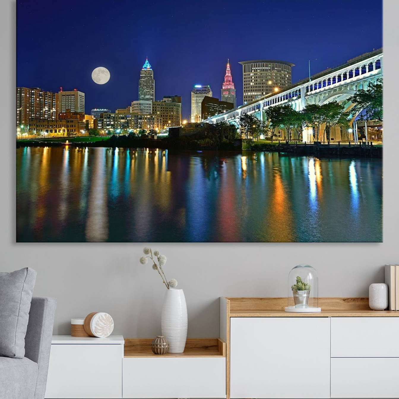 15130-MGV-CV-36X24-Cleveland City Lights Night Skyline Wall Art Cityscape Canvas, Cleveland City Lights Canvas Print