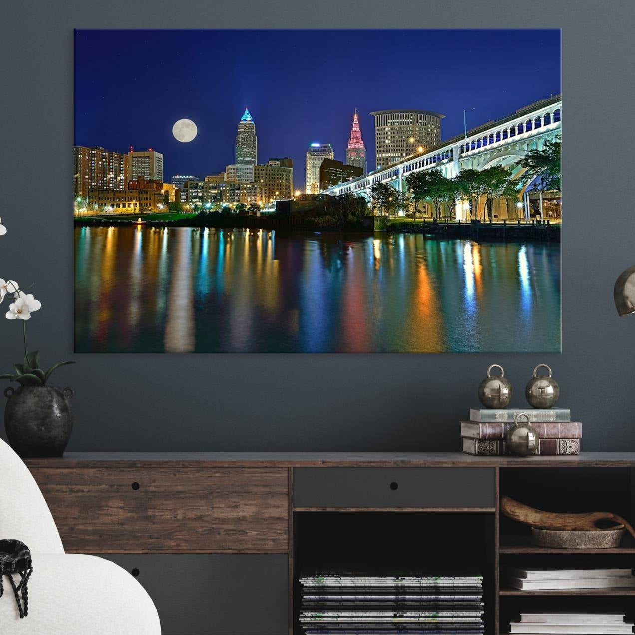 15130-MGV-CV-36X24-Cleveland City Lights Night Skyline Wall Art Cityscape Canvas, Cleveland City Lights Canvas Print