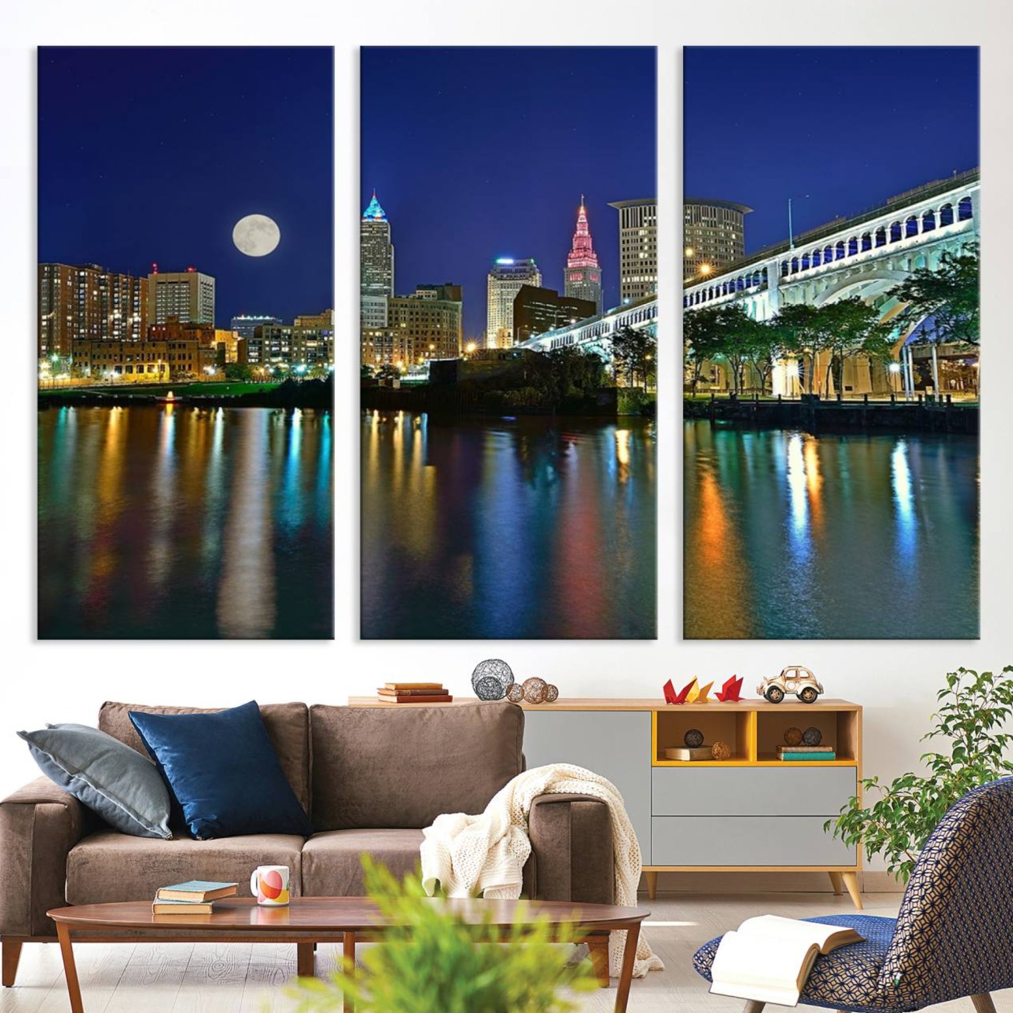 15130-MGV-CV-36X24-Cleveland City Lights Night Skyline Wall Art Cityscape Canvas, Cleveland City Lights Canvas Print