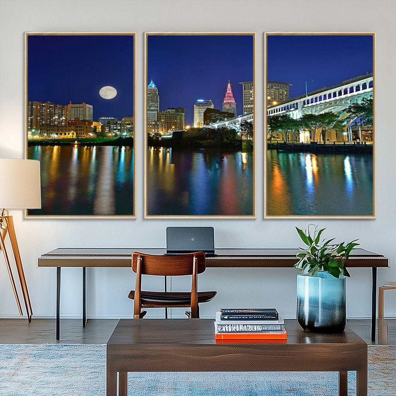 15130-MGV-FC-48X32-3P_Natural-Cleveland City Lights Night Skyline Wall Art Cityscape Canvas, Cleveland City Lights Canvas Print