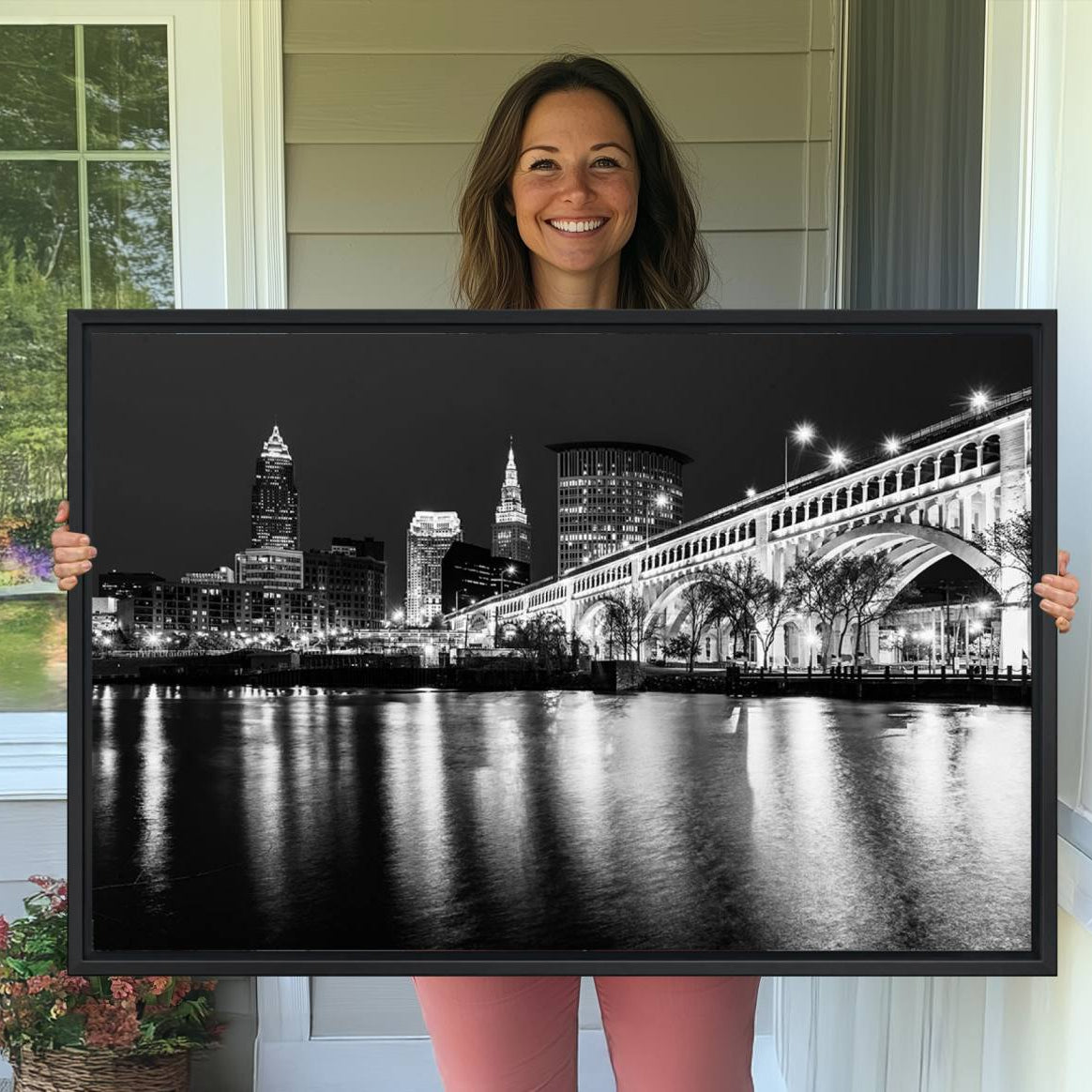 20469-MGV-CV-36X24-Cleveland Night Skyline Wall Art City Cityscape Canvas Print