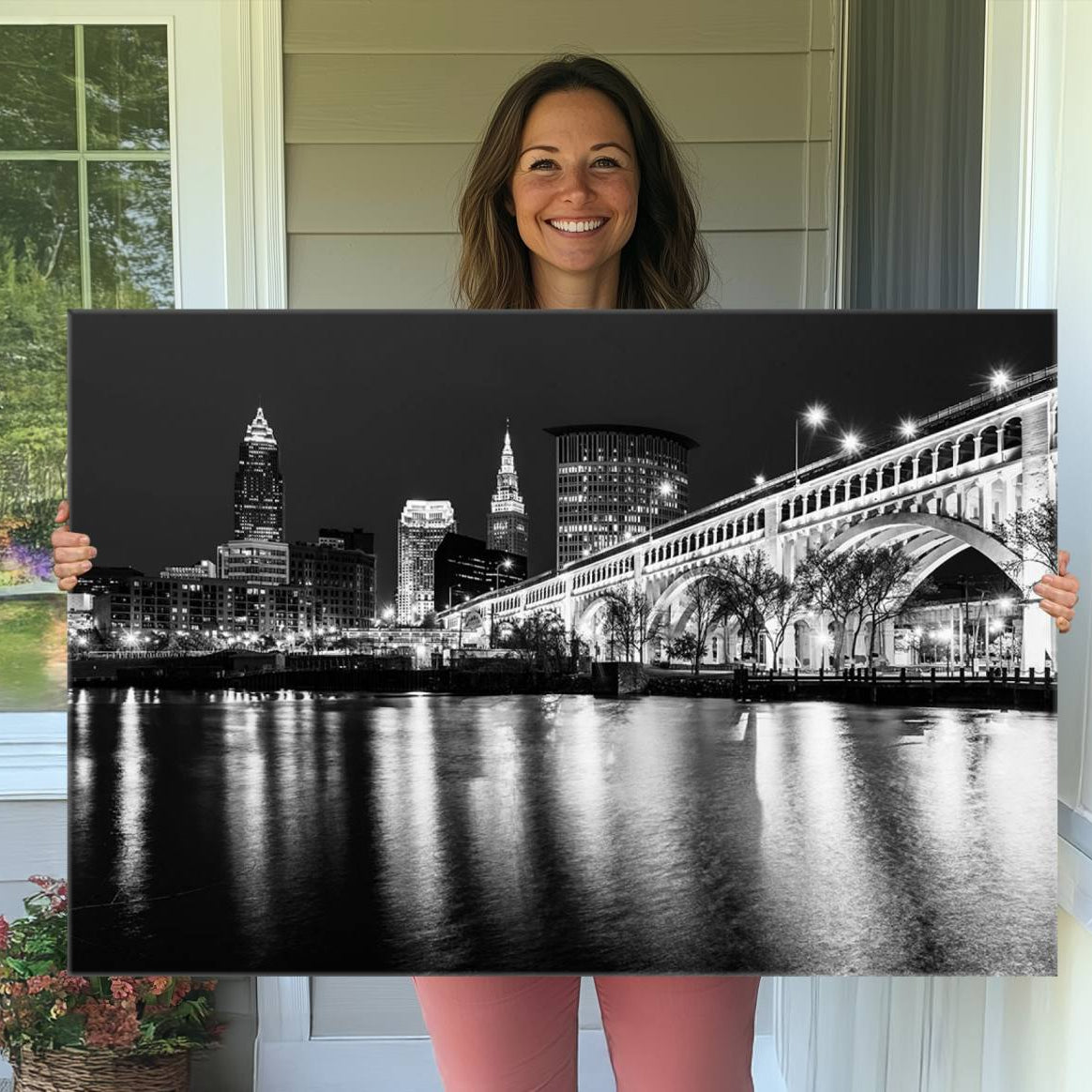 20469-MGV-CV-36X24-Cleveland Night Skyline Wall Art City Cityscape Canvas Print