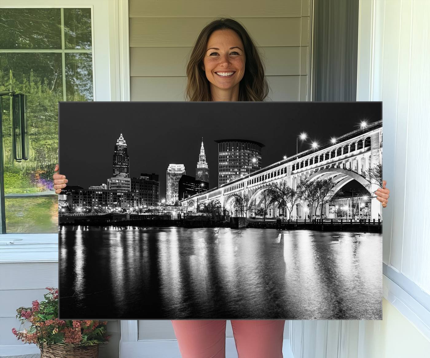 20469-MGV-CV-36X24-Cleveland Night Skyline Wall Art City Cityscape Canvas Print