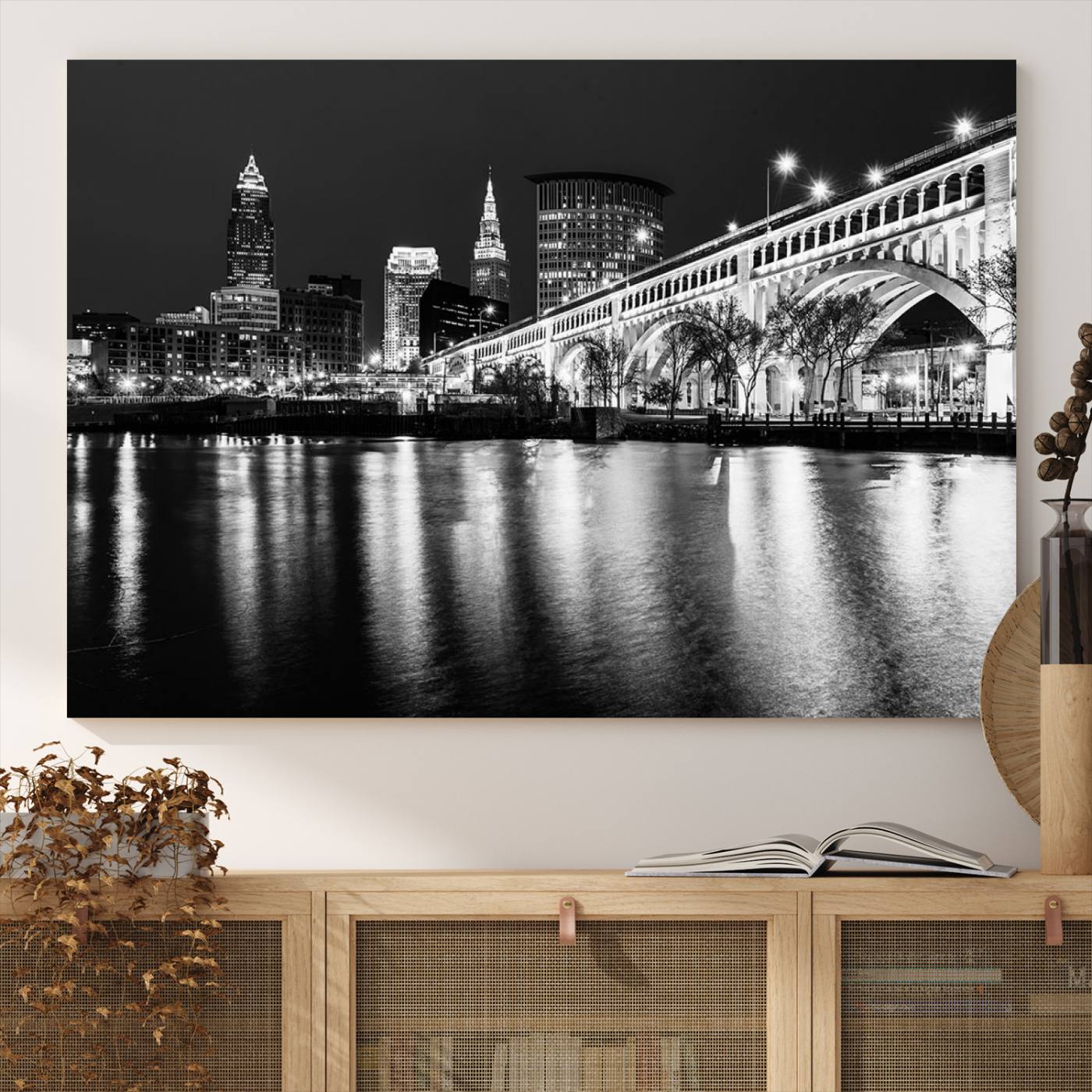 20469-MGV-CV-36X24-Cleveland Night Skyline Wall Art City Cityscape Canvas Print
