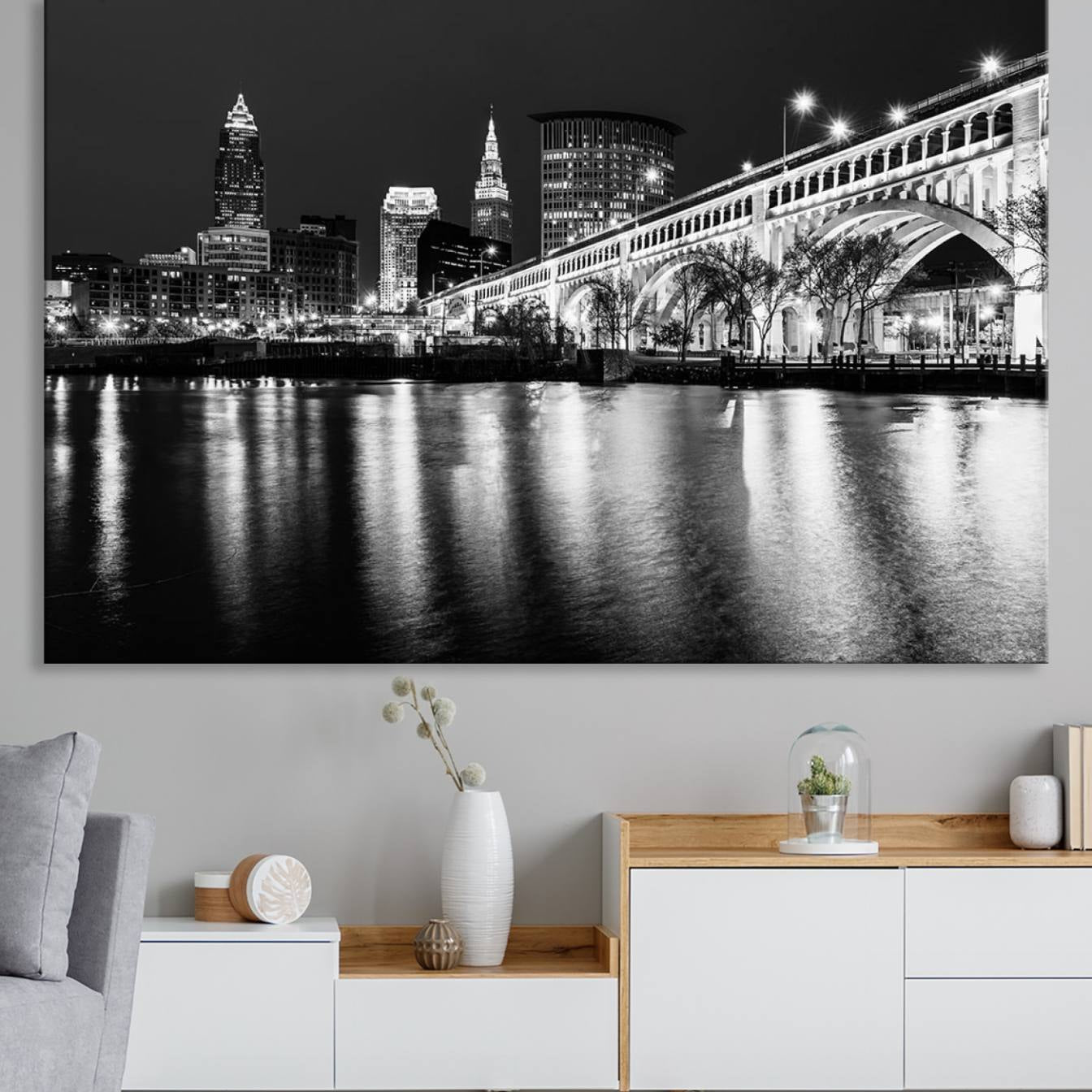 20469-MGV-CV-36X24-Cleveland Night Skyline Wall Art City Cityscape Canvas Print