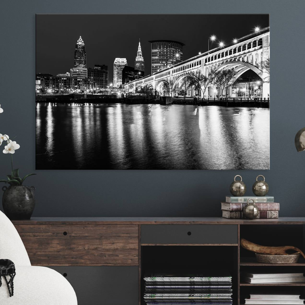 20469-MGV-CV-36X24-Cleveland Night Skyline Wall Art City Cityscape Canvas Print