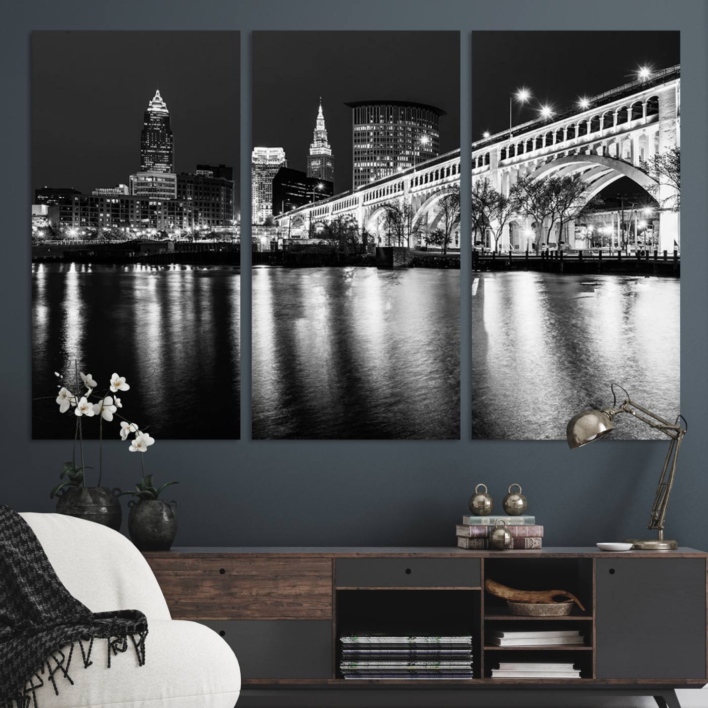 20469-MGV-CV-48X32-3P-Cleveland Night Skyline Wall Art City Cityscape Canvas Print