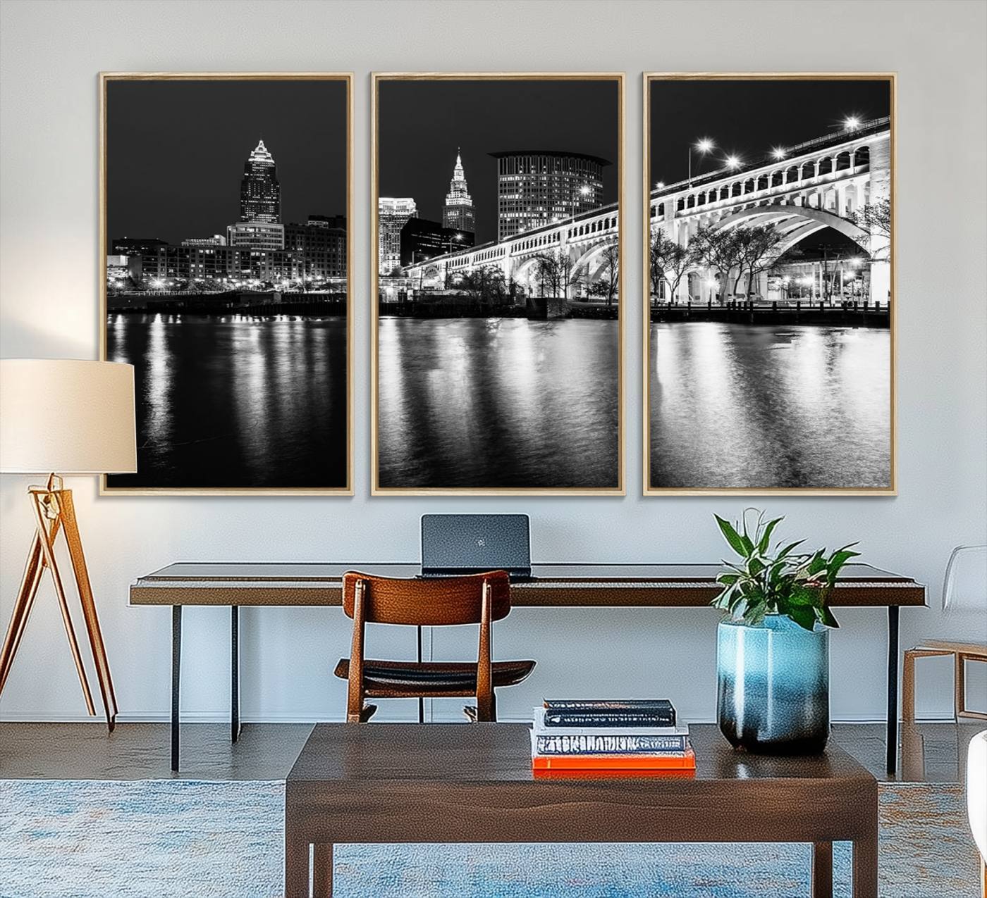 20469-MGV-FC-48X32-3P_Natural-Cleveland Night Skyline Wall Art City Cityscape Canvas Print