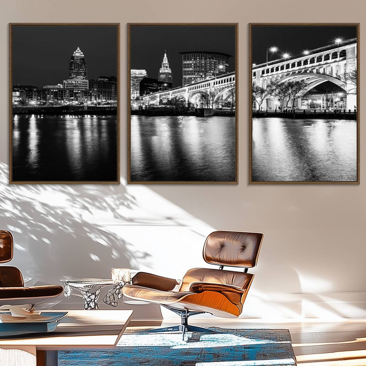20469-MGV-FC-60X30-3P_Walnut-Cleveland Night Skyline Wall Art City Cityscape Canvas Print