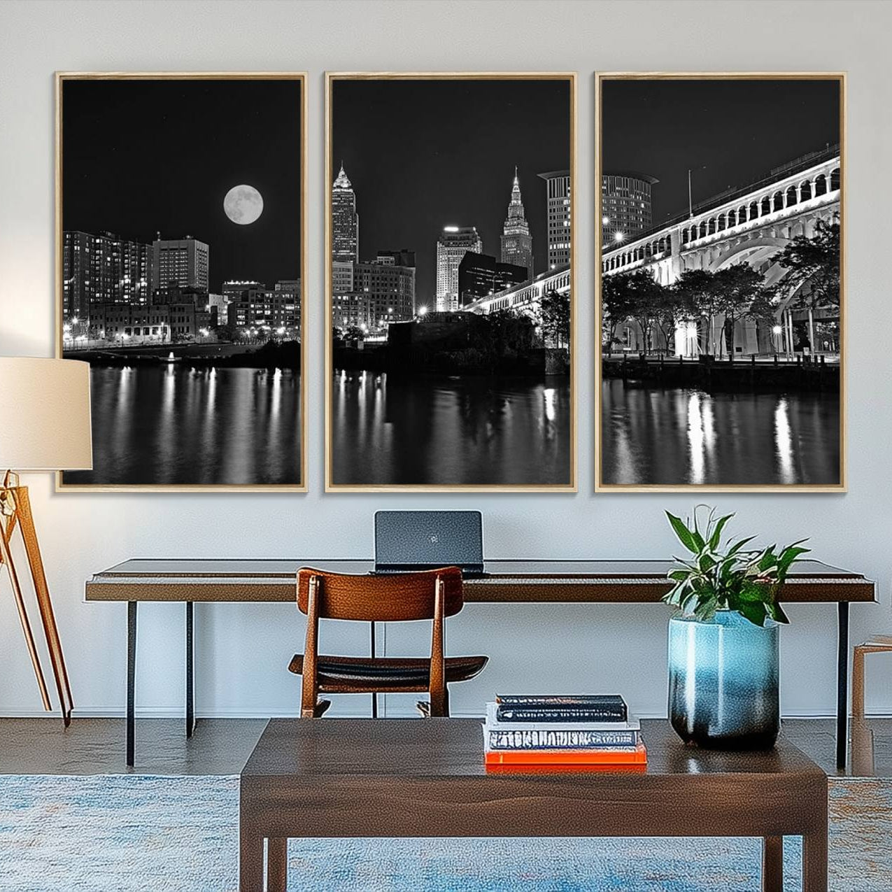 58328-MGV-FC-48X32-3P_Natural-Cleveland Night Skyline Wall Art City Cityscape Canvas Print