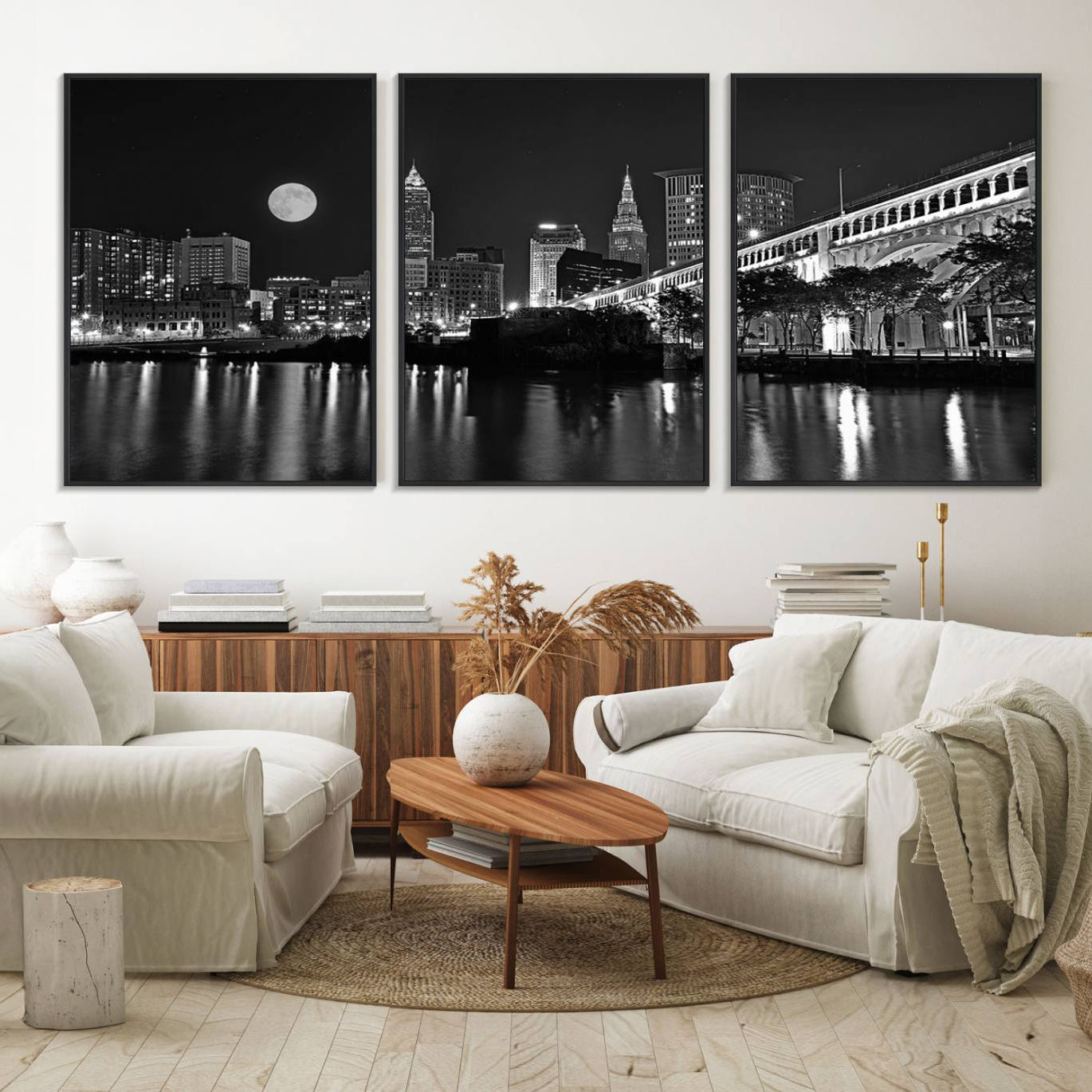 58328-MGV-FC-60X30-3P_Black-Cleveland Night Skyline Wall Art City Cityscape Canvas Print